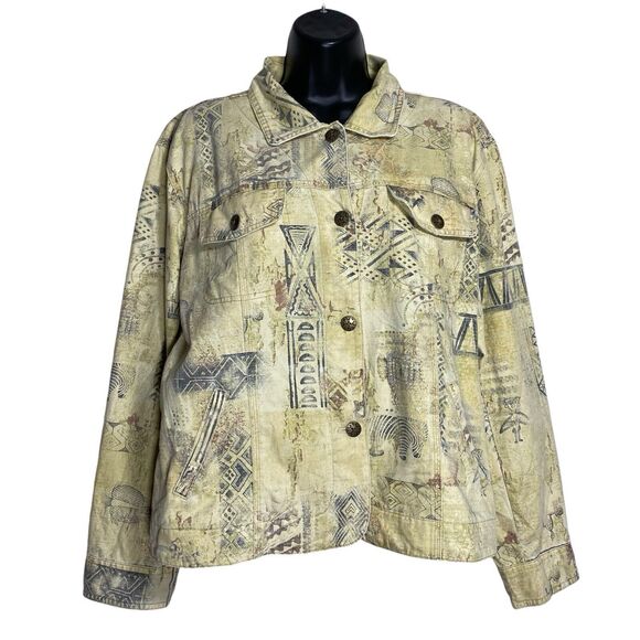 Chicos Denim Jacket Womens 2 Tribal Aztec Button Artsy Boho Lightweight Pockets - Picture 1 of 9
